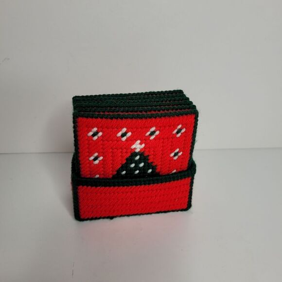 Christmas Tree Coasters Set of 6 Plastic Canvas Needlepoint Felted Trivets - Picture 2 of 5